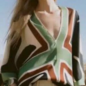 Zara Green Brown Cream Black Abstract V-Neck Blouse